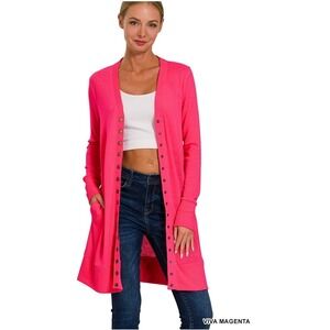 Zenana Viva Magenta Snap Button Thigh-Length Ribbed Cardigan‎